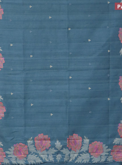 Semi raw silk saree pastel blue shade with embroidery work buttas and floral design embroidery work border