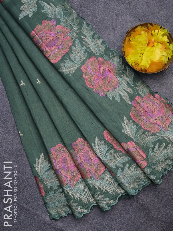 Semi raw silk saree pastel green with embroidery work buttas and floral design embroidery work border