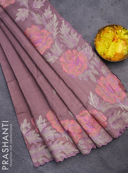 Semi raw silk saree rosy brown with embroidery work buttas and floral design embroidery work border