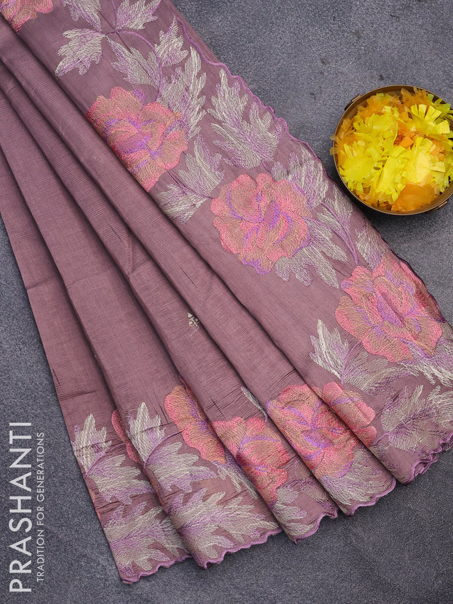 Semi raw silk saree rosy brown with embroidery work buttas and floral design embroidery work border