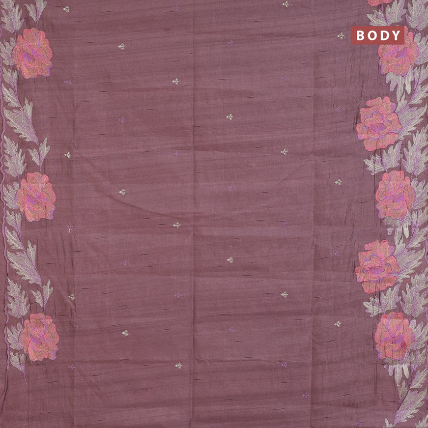 Semi raw silk saree rosy brown with embroidery work buttas and floral design embroidery work border