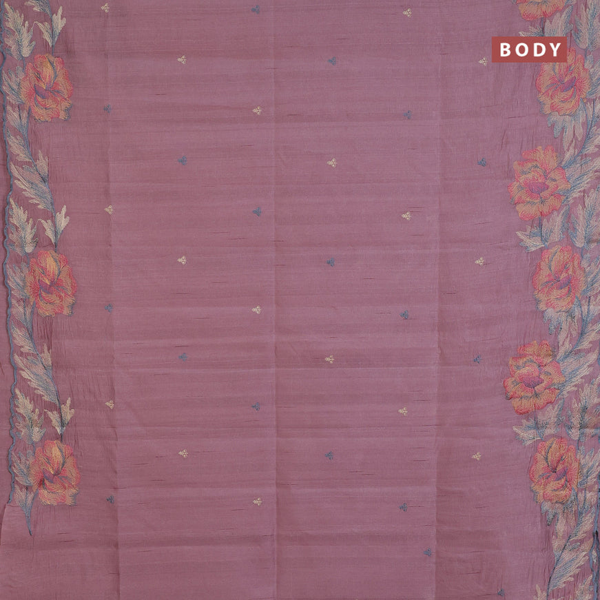 Semi raw silk saree peach pink with embroidery work buttas and floral design embroidery work border