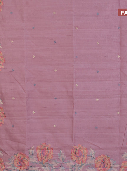 Semi raw silk saree peach pink with embroidery work buttas and floral design embroidery work border