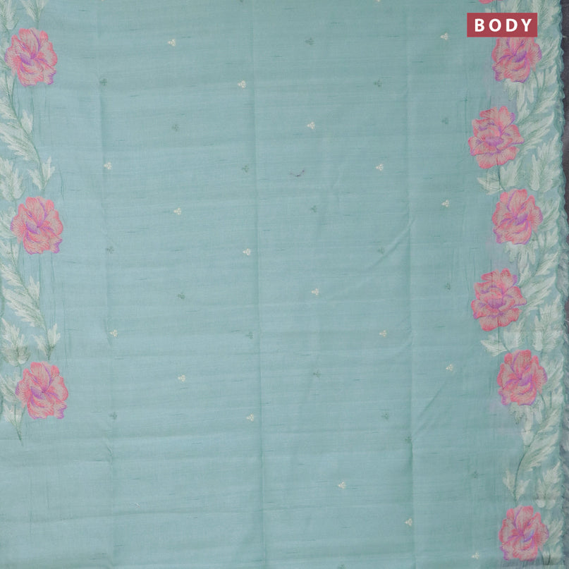 Semi raw silk saree teal blue shade with embroidery work buttas and floral design embroidery work border