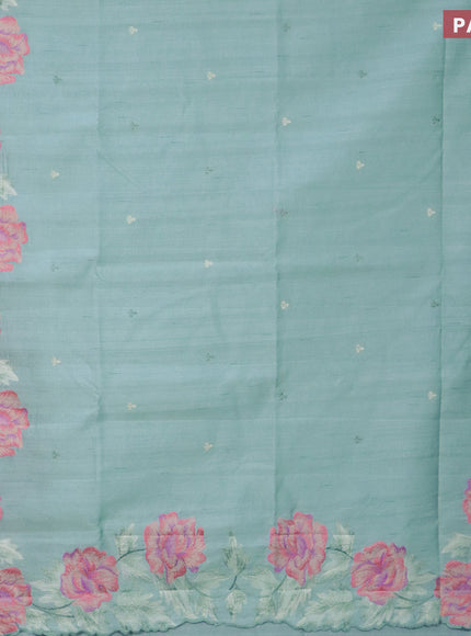 Semi raw silk saree teal blue shade with embroidery work buttas and floral design embroidery work border