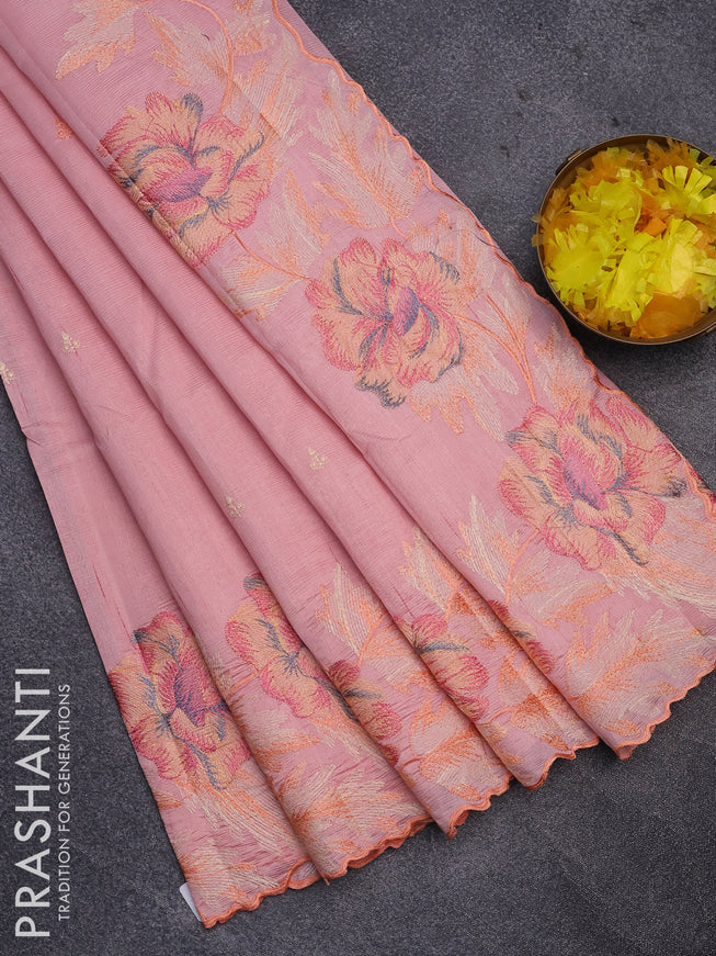 Semi raw silk saree peach shade with embroidery work buttas and floral design embroidery work border