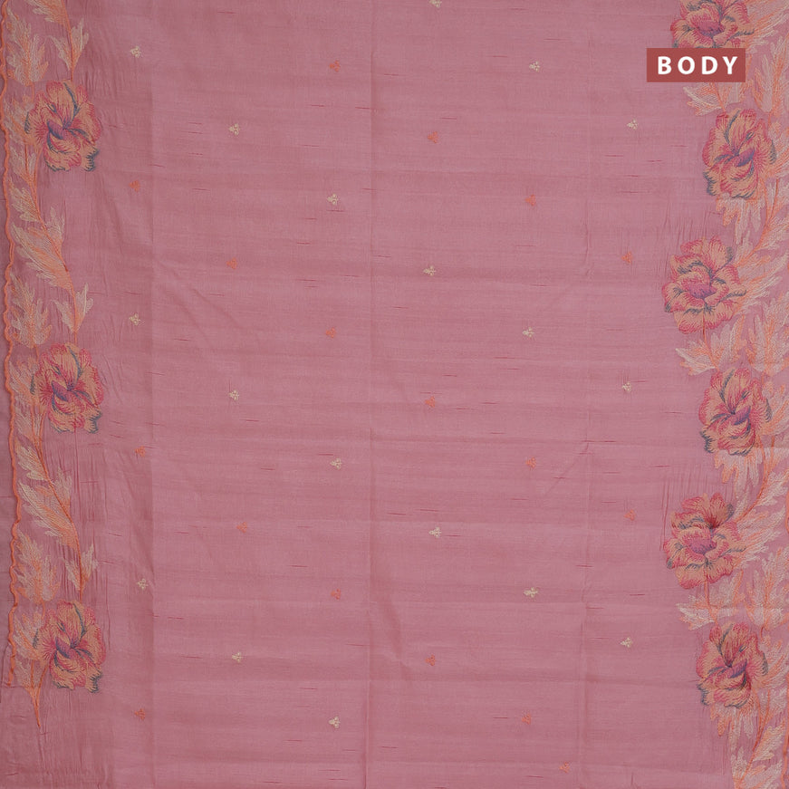 Semi raw silk saree peach shade with embroidery work buttas and floral design embroidery work border