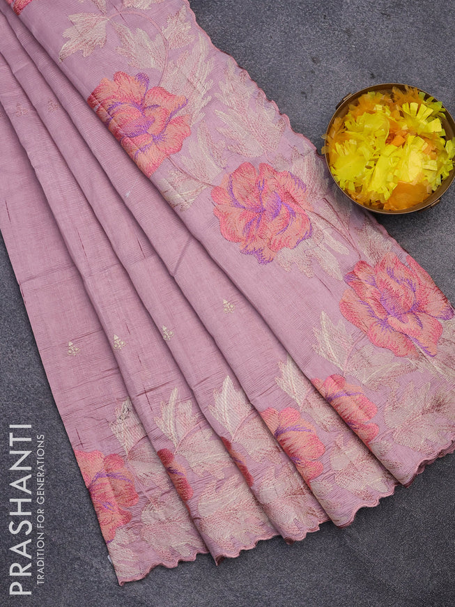 Semi raw silk saree pastel pink shade with embroidery work buttas and floral design embroidery work border