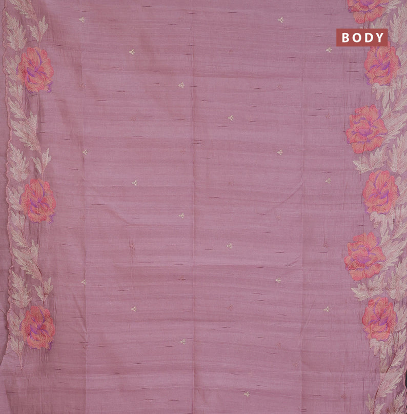 Semi raw silk saree pastel pink shade with embroidery work buttas and floral design embroidery work border