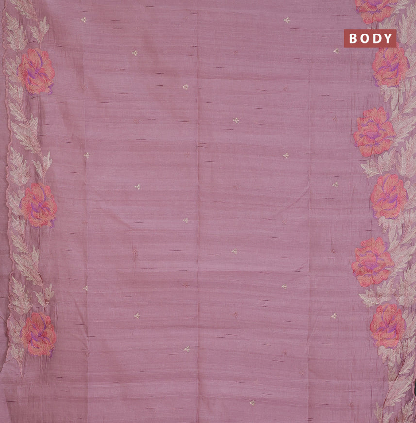 Semi raw silk saree pastel pink shade with embroidery work buttas and floral design embroidery work border