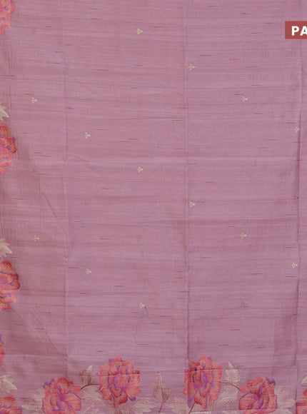 Semi raw silk saree pastel pink shade with embroidery work buttas and floral design embroidery work border