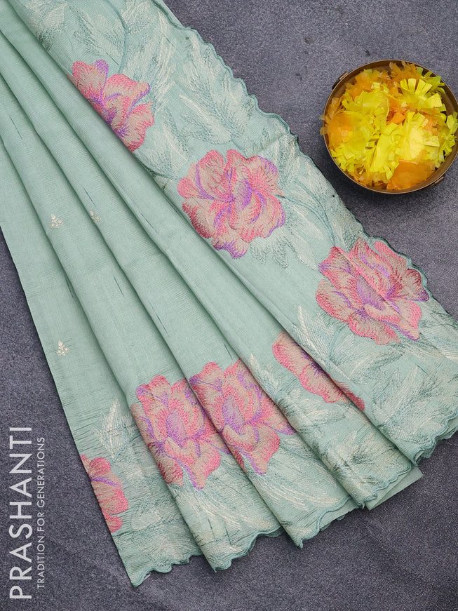 Semi raw silk saree teal green shade with embroidery work buttas and floral design embroidery work border