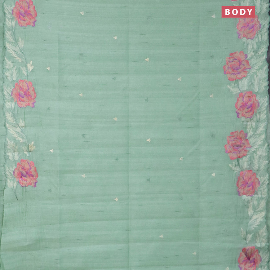 Semi raw silk saree teal green shade with embroidery work buttas and floral design embroidery work border