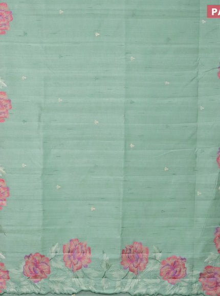 Semi raw silk saree teal green shade with embroidery work buttas and floral design embroidery work border