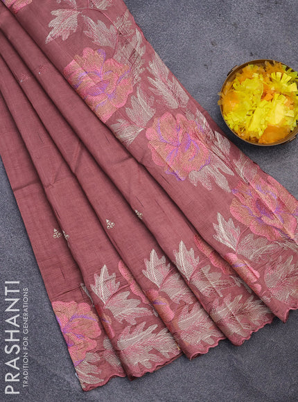 Semi raw silk saree pastel brown shade with embroidery work buttas and floral design embroidery work border