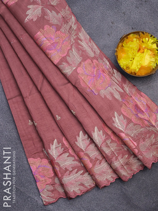 Semi raw silk saree pastel brown shade with embroidery work buttas and floral design embroidery work border