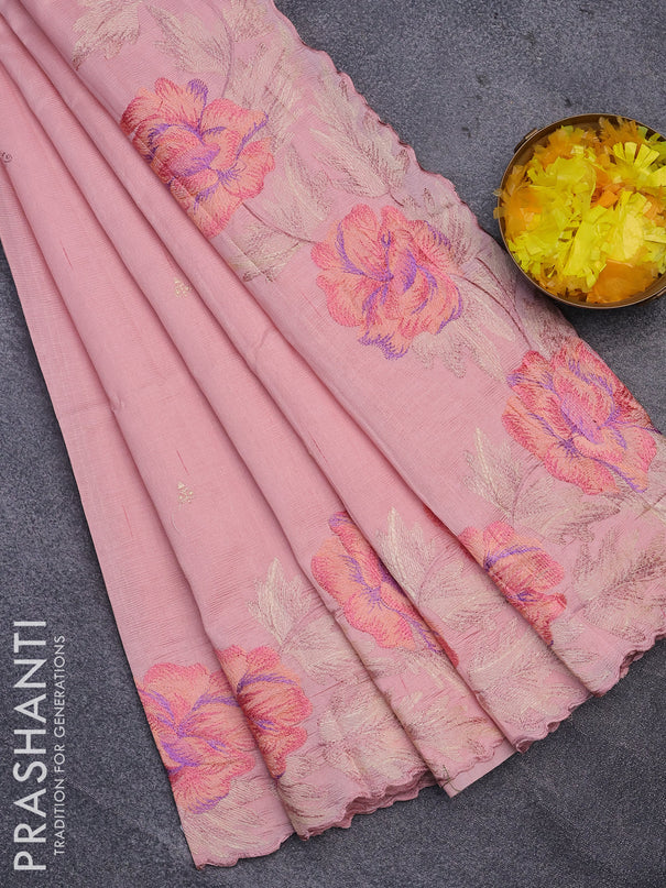 Semi raw silk saree peach shade with embroidery work buttas and floral design embroidery work border