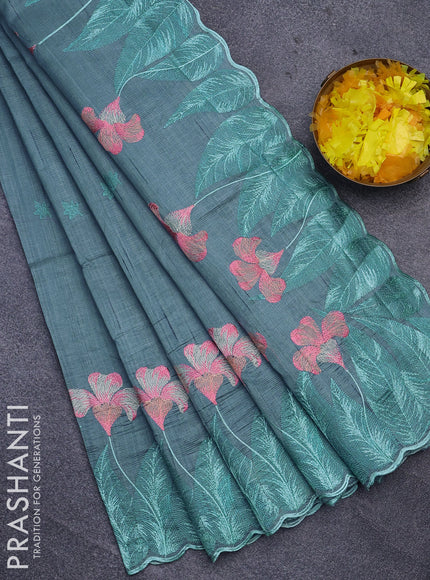 Semi raw silk saree pastel blue shade with embroidery work buttas and floral design embroidery work border