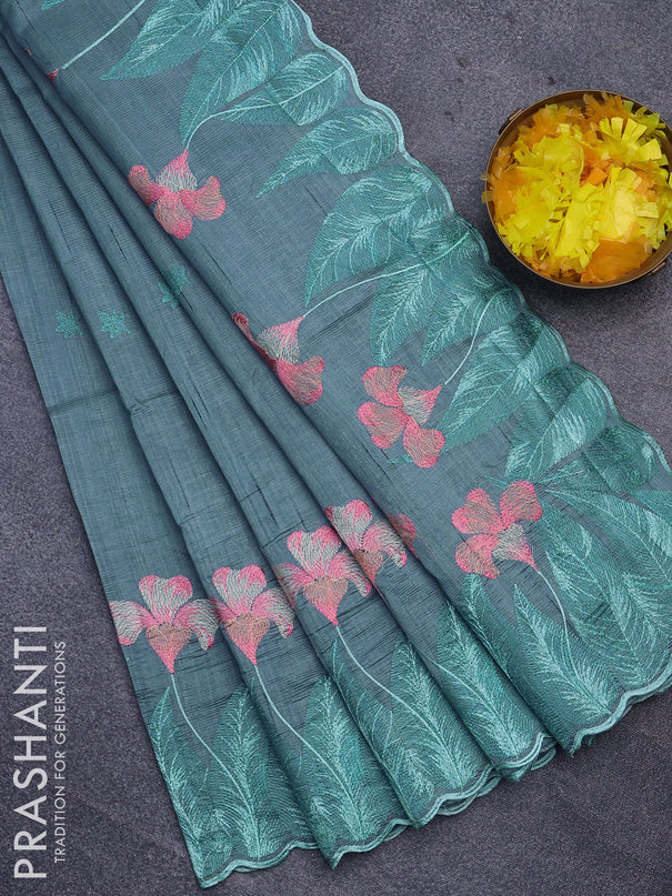 Semi raw silk saree pastel blue shade with embroidery work buttas and floral design embroidery work border