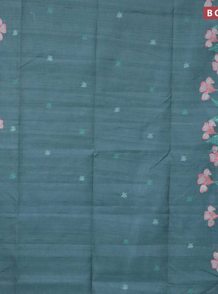 Semi raw silk saree pastel blue shade with embroidery work buttas and floral design embroidery work border