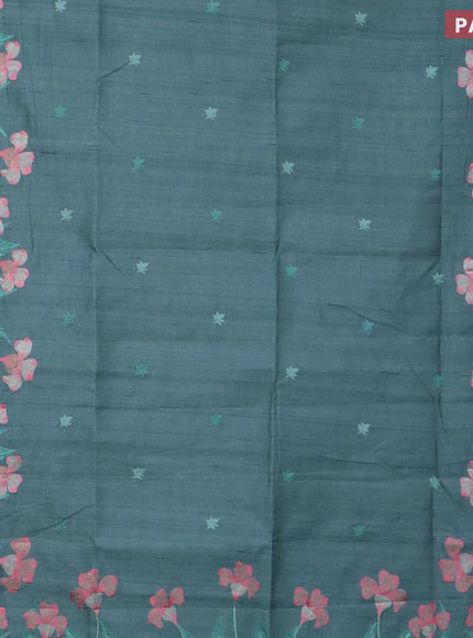 Semi raw silk saree pastel blue shade with embroidery work buttas and floral design embroidery work border