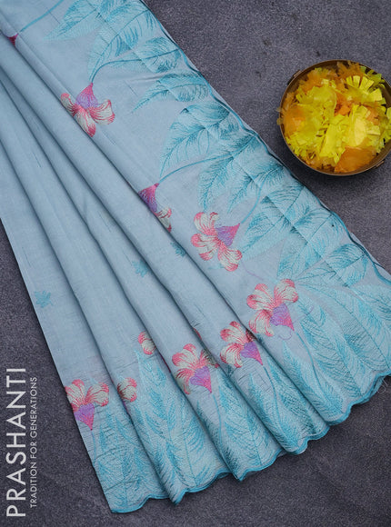 Semi raw silk saree pastel blue shade with embroidery work buttas and floral design embroidery work border