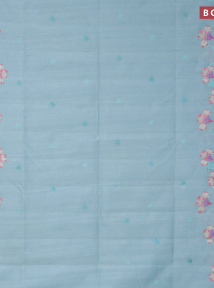 Semi raw silk saree pastel blue shade with embroidery work buttas and floral design embroidery work border