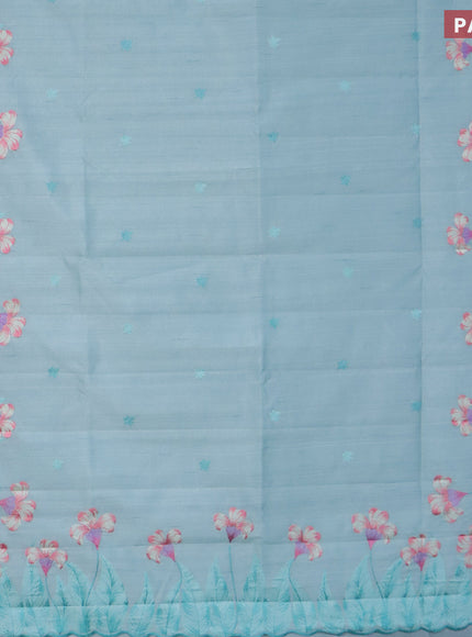 Semi raw silk saree pastel blue shade with embroidery work buttas and floral design embroidery work border