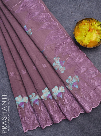 Semi raw silk saree rosy brown with embroidery work buttas and floral design embroidery work border