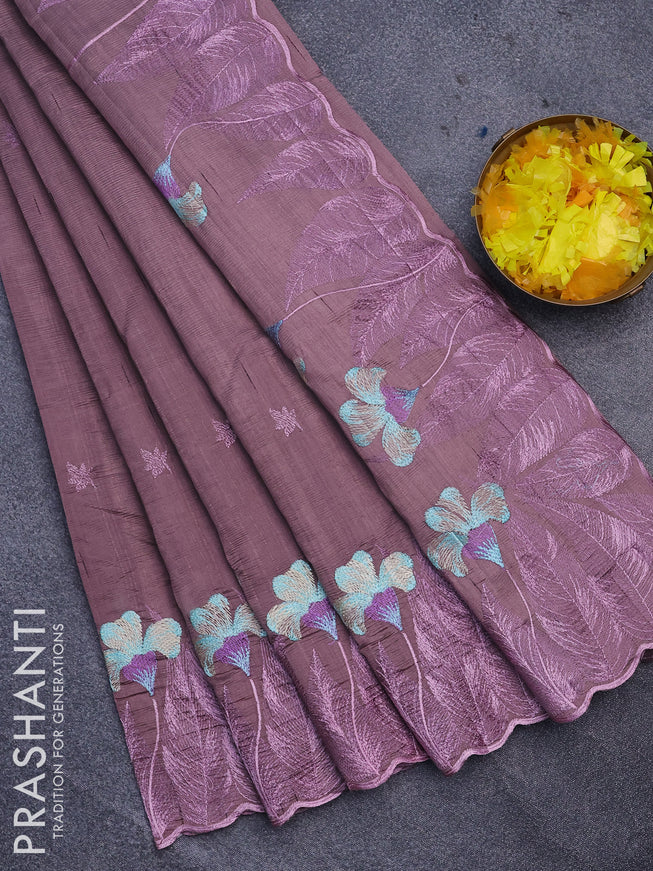 Semi raw silk saree rosy brown with embroidery work buttas and floral design embroidery work border