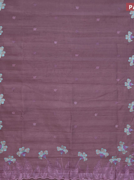 Semi raw silk saree rosy brown with embroidery work buttas and floral design embroidery work border