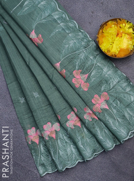 Semi raw silk saree green shade with embroidery work buttas and floral design embroidery work border