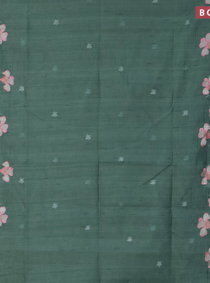 Semi raw silk saree green shade with embroidery work buttas and floral design embroidery work border