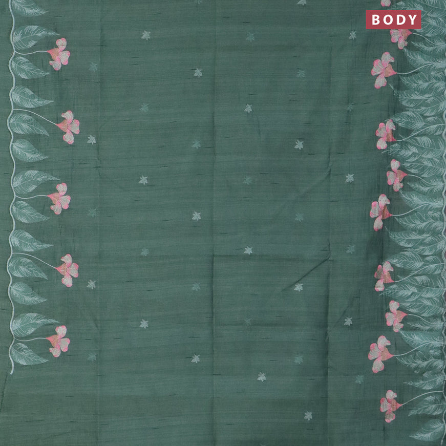 Semi raw silk saree green shade with embroidery work buttas and floral design embroidery work border