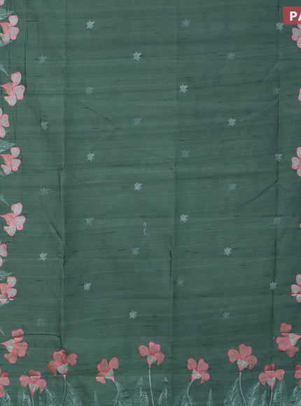 Semi raw silk saree green shade with embroidery work buttas and floral design embroidery work border