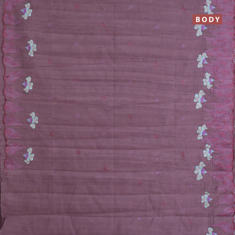 Semi raw silk saree rosy brown with embroidery work buttas and floral design embroidery work border