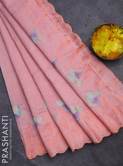 Semi raw silk saree peach pink with embroidery work buttas and floral design embroidery work border