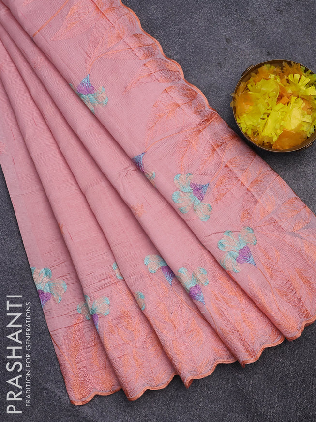 Semi raw silk saree peach pink with embroidery work buttas and floral design embroidery work border