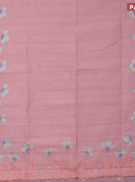 Semi raw silk saree peach pink with embroidery work buttas and floral design embroidery work border