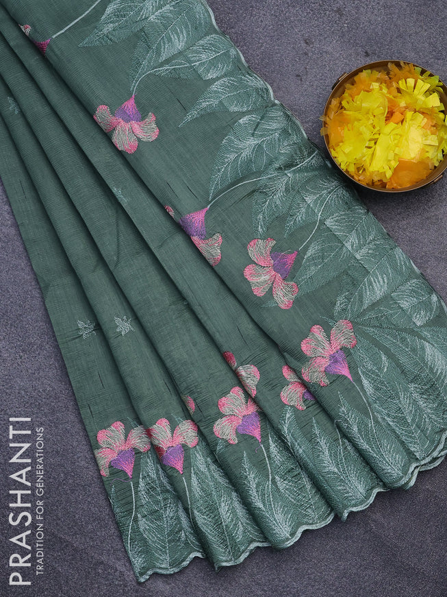 Semi raw silk saree pastel green shade with embroidery work buttas and floral design embroidery work border