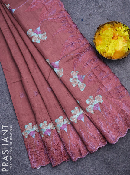 Semi raw silk saree pastel brown with embroidery work buttas and floral design embroidery work border