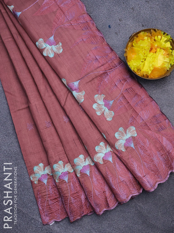 Semi raw silk saree pastel brown with embroidery work buttas and floral design embroidery work border