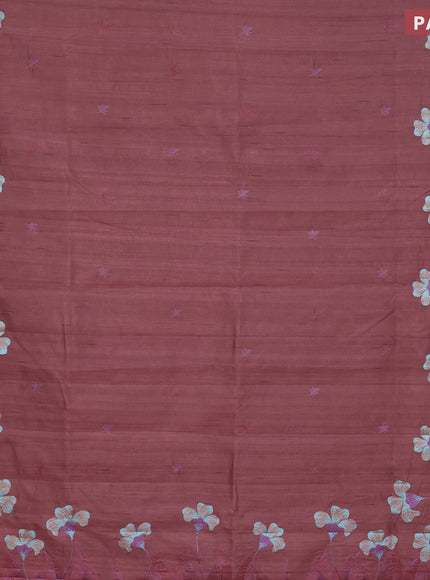 Semi raw silk saree pastel brown with embroidery work buttas and floral design embroidery work border