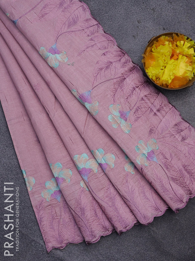 Semi raw silk saree lavender shade with embroidery work buttas and floral design embroidery work border