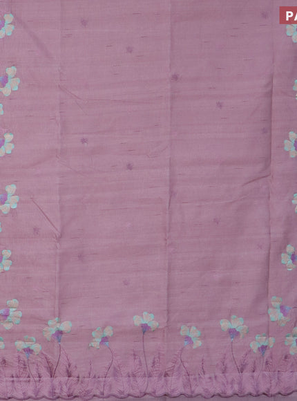 Semi raw silk saree lavender shade with embroidery work buttas and floral design embroidery work border