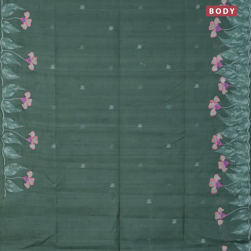 Semi raw silk saree pastel green shade with embroidery work buttas and floral design embroidery work border