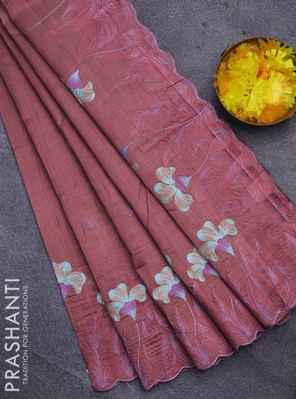 Semi raw silk saree rosy brown with embroidery work buttas and floral design embroidery work border