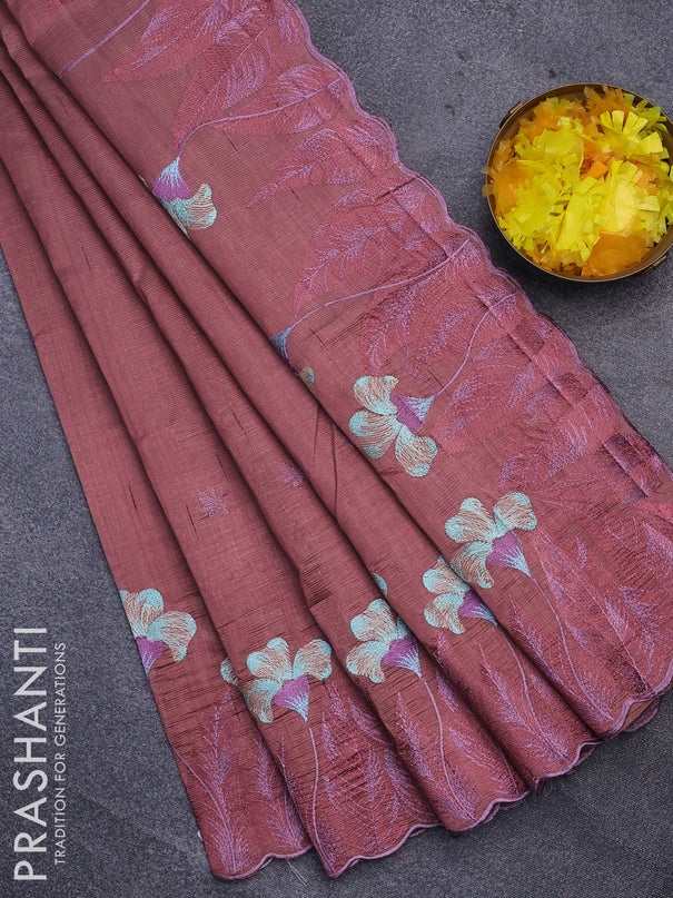 Semi raw silk saree rosy brown with embroidery work buttas and floral design embroidery work border