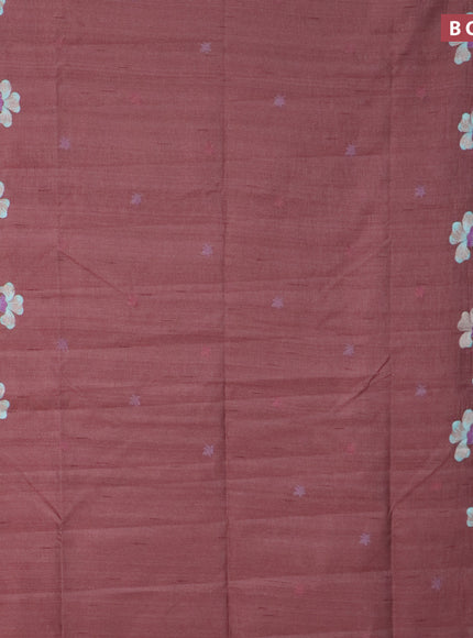 Semi raw silk saree rosy brown with embroidery work buttas and floral design embroidery work border