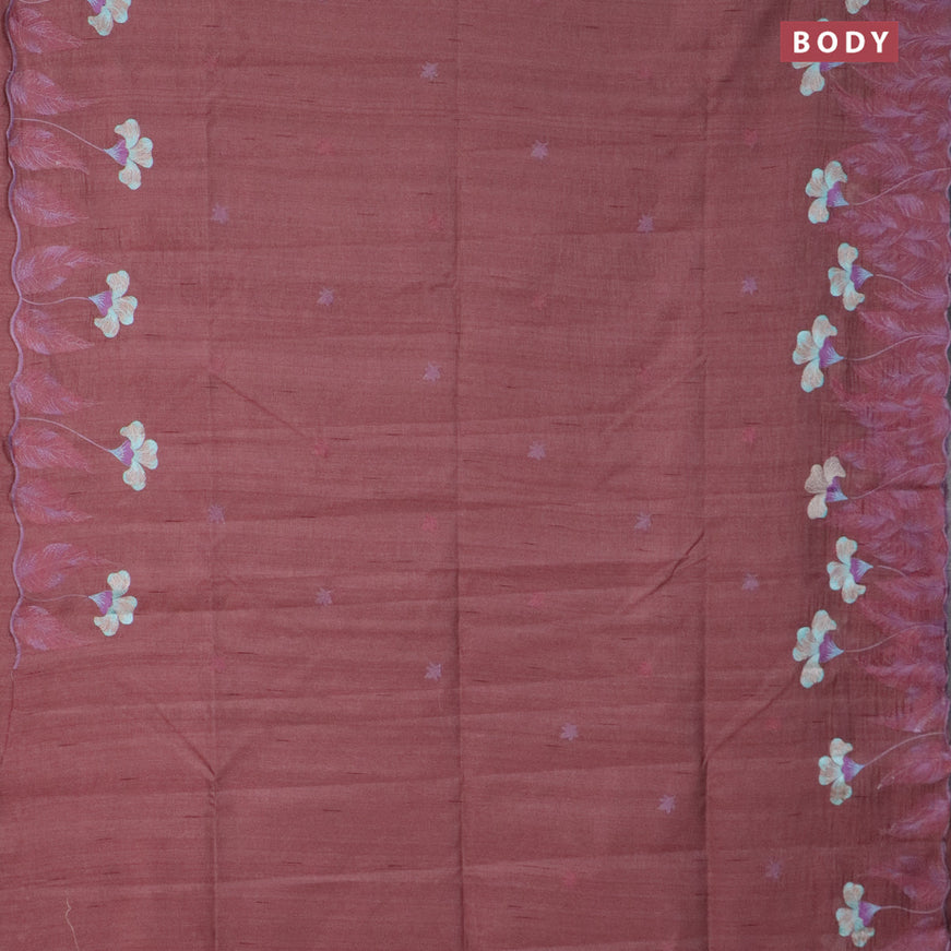 Semi raw silk saree rosy brown with embroidery work buttas and floral design embroidery work border